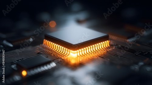 Integrated circuit component glows brightly with internal heat on a dark electronic substrate