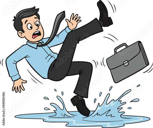 A cartoon businessman in a blue shirt and black pants slipping dramatically on a puddle, briefcase flying, comical and chaotic vector illustration

