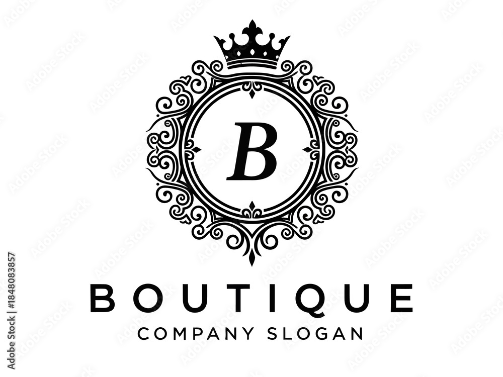 Naklejka premium Elegant boutique logo with crown and ornate design elements