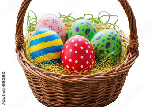 Easter Basket with Colorful Painted Eggs Isolated on Black