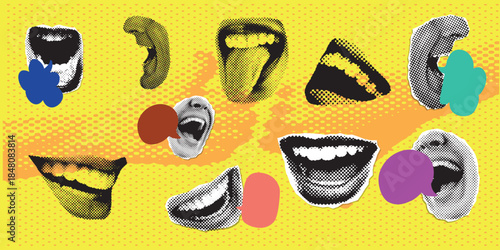 Halftone Collage Mouths with Speech Bubble Messages, Dotted Pop Art Dialogue Balloons, Crumpled Paper Texture, Modern Retro Urban Business Communication Vector Illustration