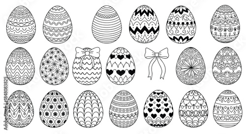 A detailed collection of easter eggs with various intricate patterns for a creative and relaxing adult coloring page activity.