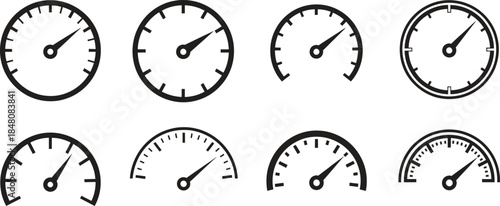 Set of eight simple black and white vector gauge speedometer icons for measuring performance and progress indicators