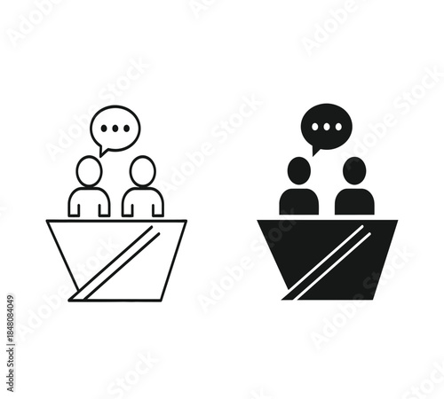 A minimalist depiction of two separate group conversations or presentations shown as black line icons against a white background