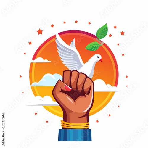 Vibrant illustration of a raised fist and peace dove, symbolizing freedom, justice, and human rights.