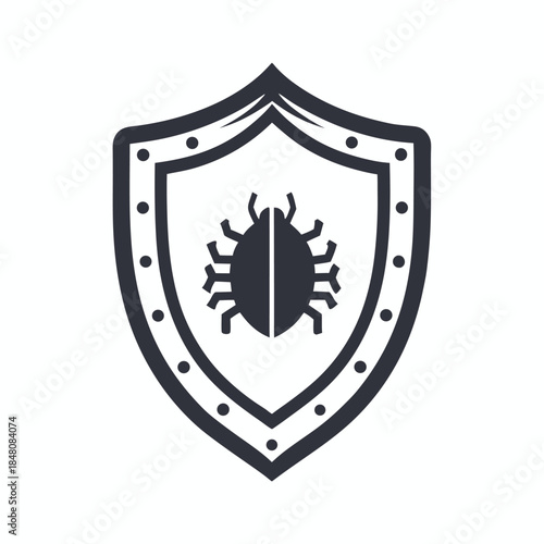 Shield with Bug Icon, Simple Line Design, Clean Illustration, Strong, Black and White