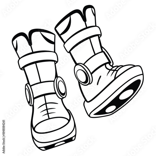 Cartoon boots illustration, Outlined footwear, Heavy black lines and straps, Chunky form