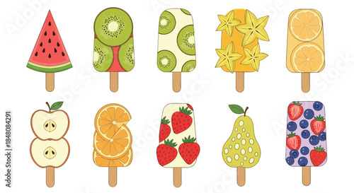 A healthy and delicious set of ten fruit popsicles made with fresh slices of watermelon kiwi orange and other berries.