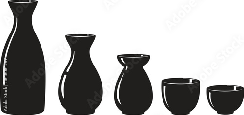 Traditional Japanese sake tokkuri bottles and ochoko cups silhouette vector illustration set for authentic drinking experiences