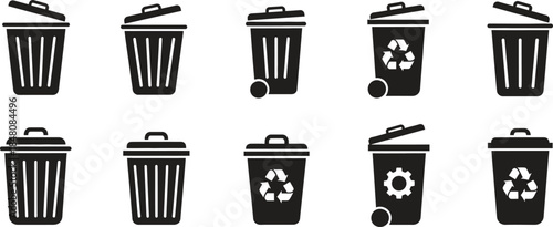 Vector trash can and recycling bin icon set for waste management and environmental design elements