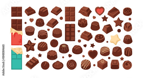 Large collection of assorted chocolate candies pralines and chocolate bars isolated on a clean white background illustration.