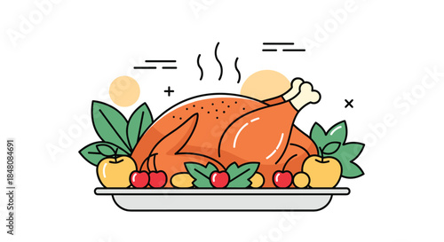 Steaming roasted turkey dinner on a platter with fruit and herb garnish for a holiday feast like thanksgiving or christmas.