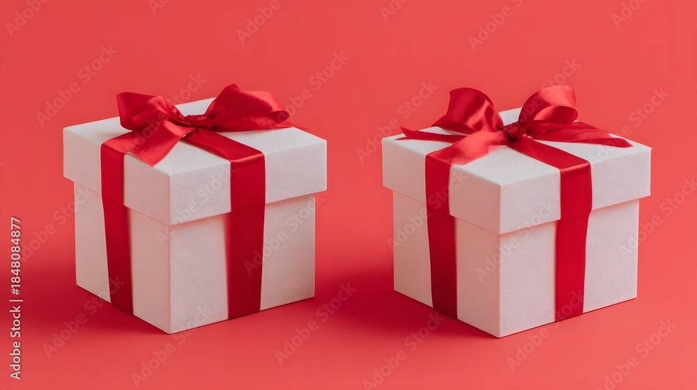 Fototapeta premium Two white gift boxes with red ribbons on a red background.