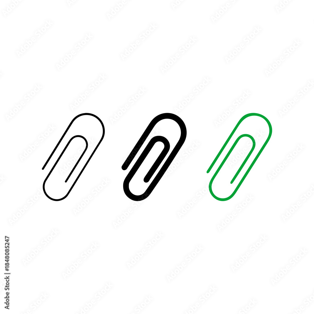 Obraz premium Three paperclip icons in black and green Horizontal layout of three paperclip icons with varied stroke weights and colors. Includes black outline, solid black, and green outline styles.