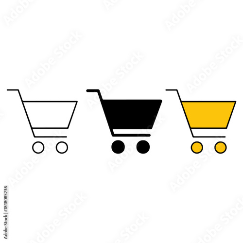 shopping cart icon, black outline, solid black, yellow fill, white wheels, yellow wheels, retail symbol, ecommerce graphic, basket shape, handle detail, horizontal layout, stylized graphic, UI compone