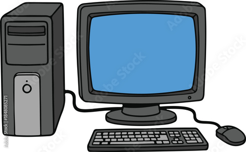 A classic desktop computer setup with a CRT monitor, tower, keyboard, and mouse, nostalgic and functional vector illustration

