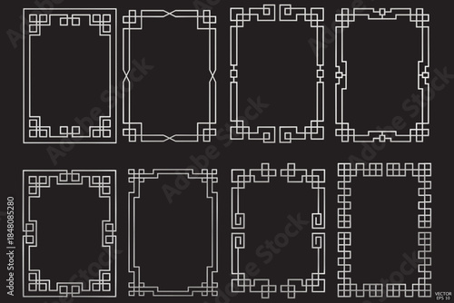 Simple Chinese silver geometric frames are isolated on black background. Luxury stainless steel borders for invitations, luxury templates, and decorative patterns. 3D vector illustration.