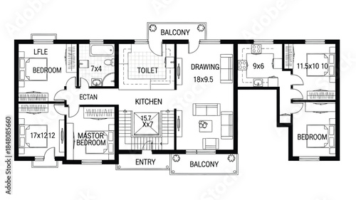 Detailed floor plan showcasing bedroom kitchen balcony and room dimensions
