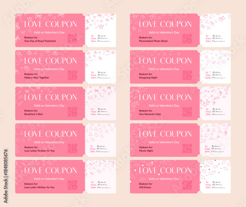 Vector set of pink love coupons for Valentine’s Day with romantic text inscriptions and thin line icons. Minimal flat design with hearts, crowns, bows, envelopes and handwritten-style details