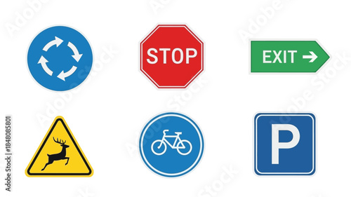 Collection of common road and directional signs on a white background