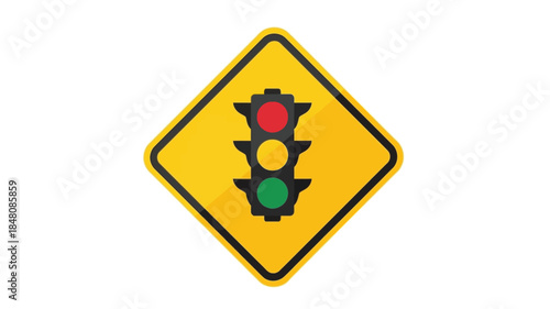 Yellow traffic sign depicting a traffic light with red over green