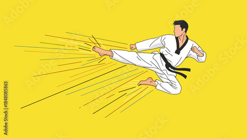 Martial Arts Kick Action Illustration – Dynamic Karate Fighter Vector Art, Combat Sports Motion Scene