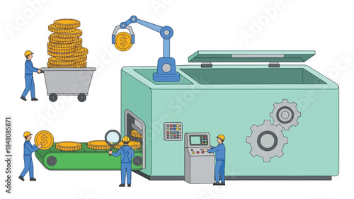 Automated coin production facility with robotic arm and worker oversight