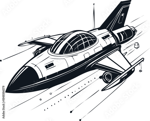 Futuristic space cruiser bold black line art sharp wings detailed cockpit sci fi illustration concept