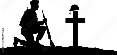 USA Fallen Soldier Memorial Silhouette with Cross and Rifle