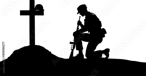 USA Fallen Soldier Memorial Silhouette with Cross and Rifle
