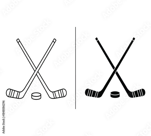 A simple black and white illustration depicts two crossed hockey sticks with a puck separated by a vertical line emphasizing the sport s