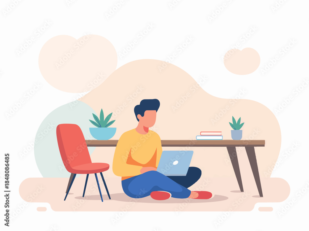 Fototapeta premium Freelancer Working on Laptop Sitting on Floor in Home Office