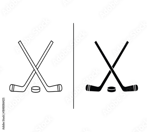 a simple black and white illustration depicts two crossed hockey sticks alongside a hockey puck on each side of a vertical line