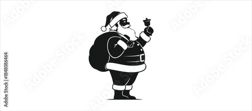 Vector cartoon illustration of friendly smiling Santa Claus ringing a bell, sack with gifts on back, snow falling in the background, presents lying around on the ground. Christmas design element.