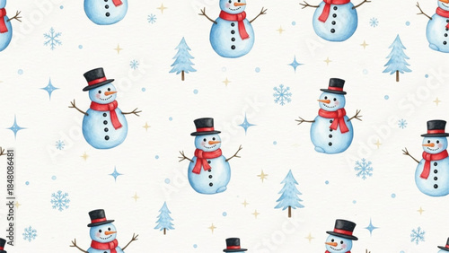 Blue Snowman Seamless Christmas Pattern on Off White Background, Cute Winter Holiday Repeat Design