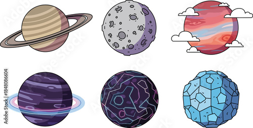 Planet Collection Illustration – Colorful Solar System Space Vector Art, Cosmic Astronomy Icon Set