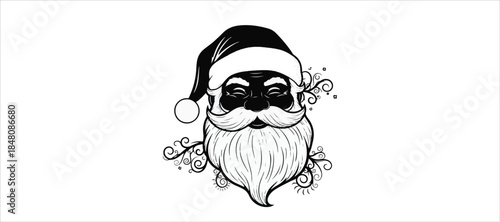 Vector cartoon illustration of friendly smiling Santa Claus ringing a bell, sack with gifts on back, snow falling in the background, presents lying around on the ground. Christmas design element.