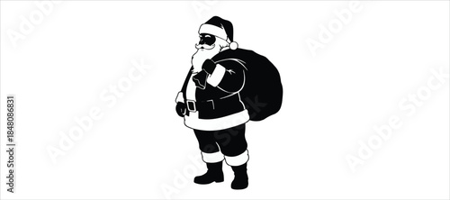 Vector cartoon illustration of friendly smiling Santa Claus ringing a bell, sack with gifts on back, snow falling in the background, presents lying around on the ground. Christmas design element.