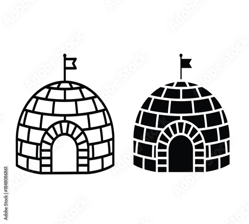 A simple black and white illustration depicting two igloos with flags showcasing traditional arctic dwellings and their architectural structure