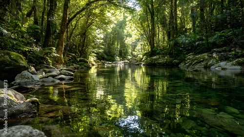 Sunlight filters through dense canopy over a clear stream flowing through a rocky, verdant forest.