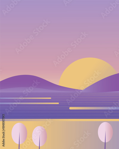 
Minimalistic abstract landscape: sea, sunset, shore. Summer seascape in purple tones. Horizontal vector illustration with space for text.