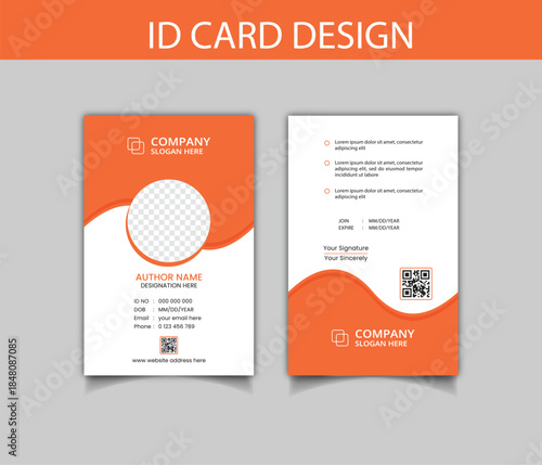 Professional orange and white corporate ID card design template with photo and QR codes