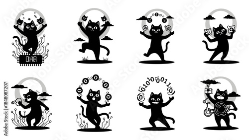 Digital technology black cat icon set depicting playful kitten interacting with circuit boards binary code and abstract data elements