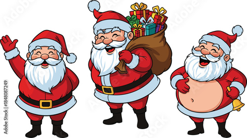Set of Three Happy Santa Claus Characters Waving, Carrying a Bag of Presents, and Laughing, Cartoon Vector Illustration for Christmas.