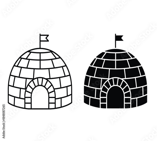 a simple illustration depicting two black and white igloo icons with entrance arches and small flags atop their rounded brick like structures