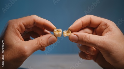 A pair of hands holding a broken tooth filling and a replacement ceramic crown, showing before-and-after restoration — dental repair, tooth reconstruction, and patient treatment progress. cinematic
