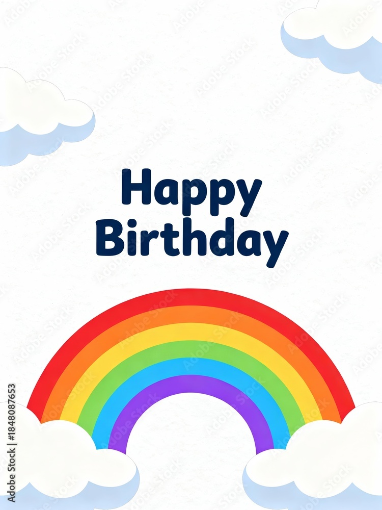 Fototapeta premium A colorful birthday card featuring a rainbow and fluffy clouds with the text 