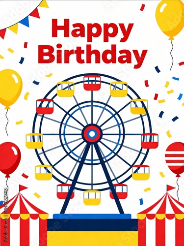 A colorful birthday celebration scene featuring a Ferris wheel, balloons, and festive decorations, all centered around the cheerful message 