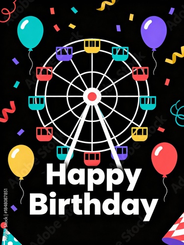 A vibrant birthday-themed design featuring a Ferris wheel, balloons, and festive decorations, celebrating the joy of birthdays.