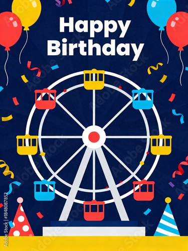 A colorful birthday card featuring a ferris wheel, balloons, and festive decorations, conveying a joyful birthday message.
